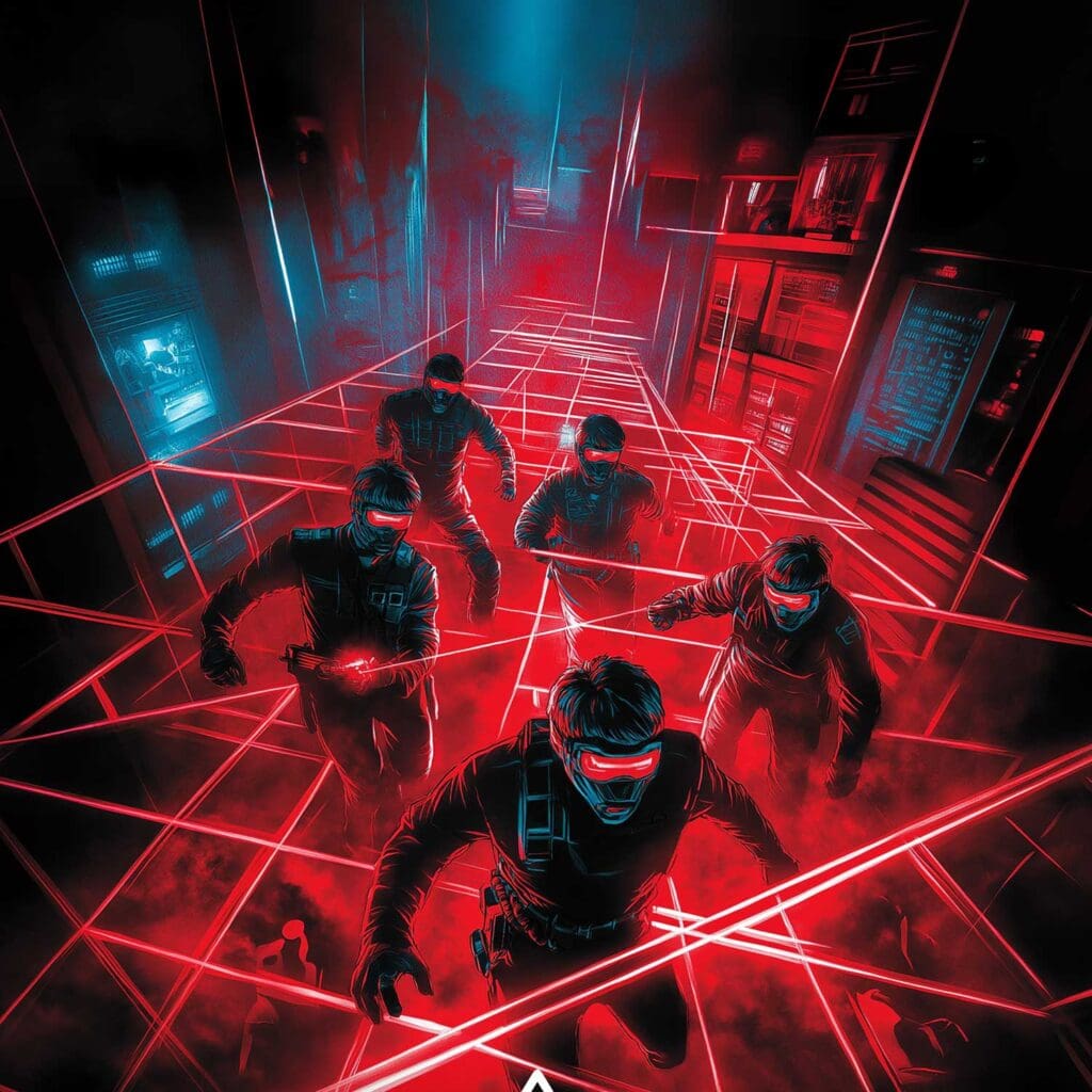 Agents traversant lasers rouges dans un couloir obscur.